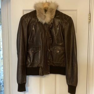 Chocolate Brown Leather Bomber Jacket w Fur Collar
